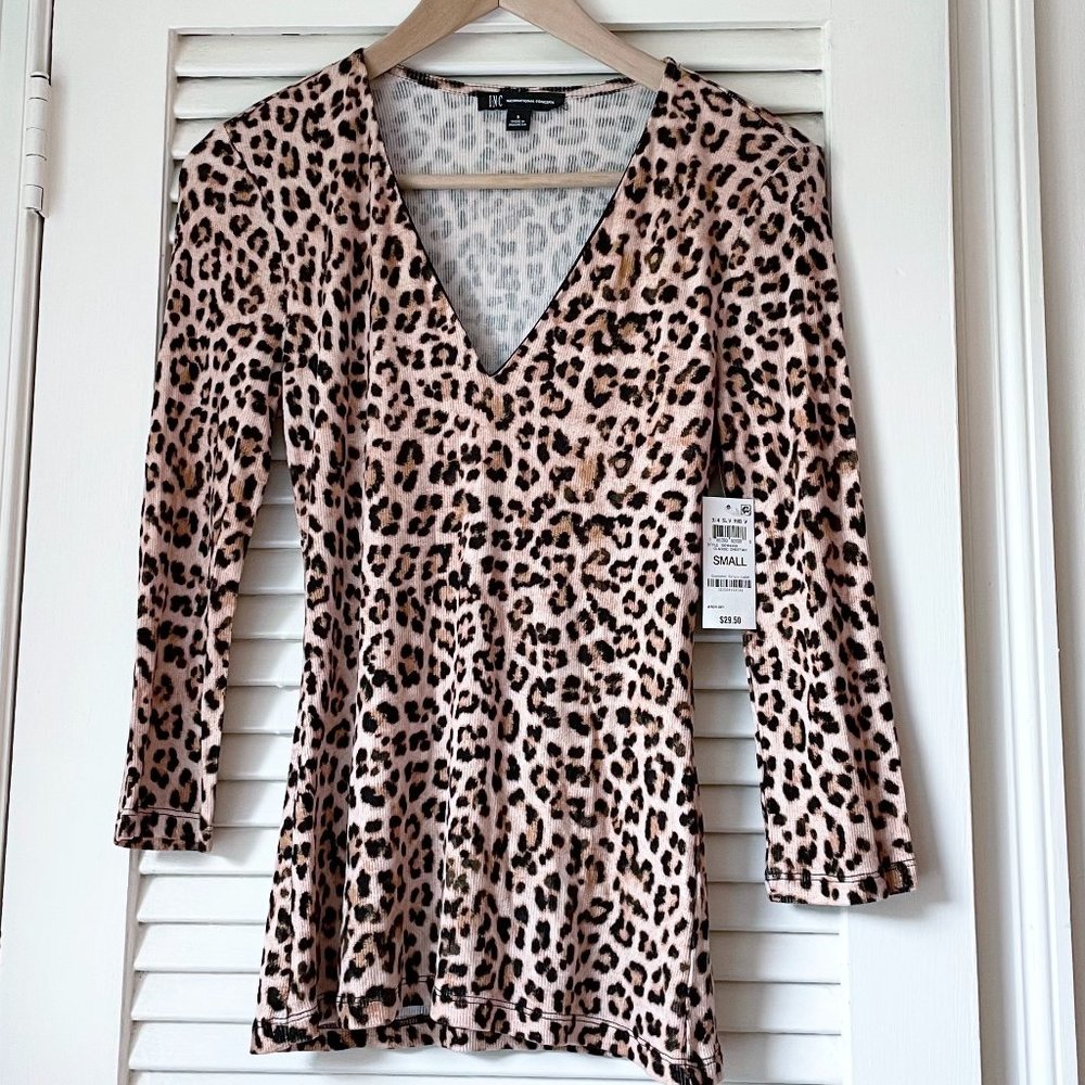 INC International Concepts Leopard Print V-Neck Knit Long Sleeve Top Size Small